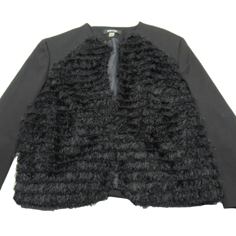 Nine West Blazer Jacket Women 10 Black Divine Monarchy Open Front Fringed Fuzzy